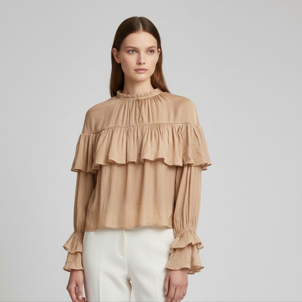 The Drop “Miriam” Feminine Ruffle Blouse – Camel | New With Tags - Picture 1 of 9
